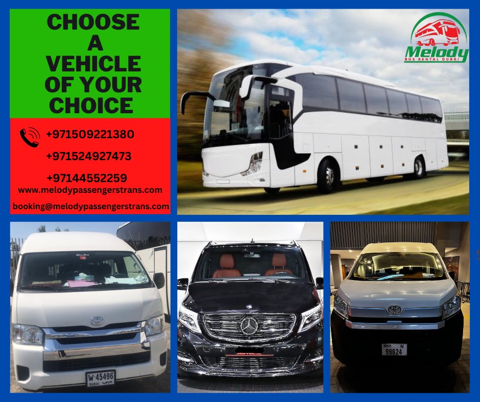 Contact us on:-+971581237293 ,+971509221380,+9714455259
booking@melodypassengerstrans.com
melodypassengerstrans.com.
#busrental #50seater #35seater #14seater #7seater #hireacoach #rentalservices #dubai