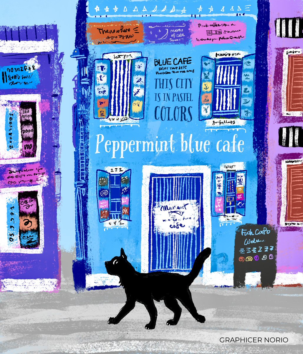 peppermint blue cafe
パステルカラー通りを散歩する猫
#illustlation #drawing #illusrtationart 
#picturebook #childrensbook #artwork 
#graphicart #artdirector #CatsLover 
#猫好き #絵本 #pastelcolors