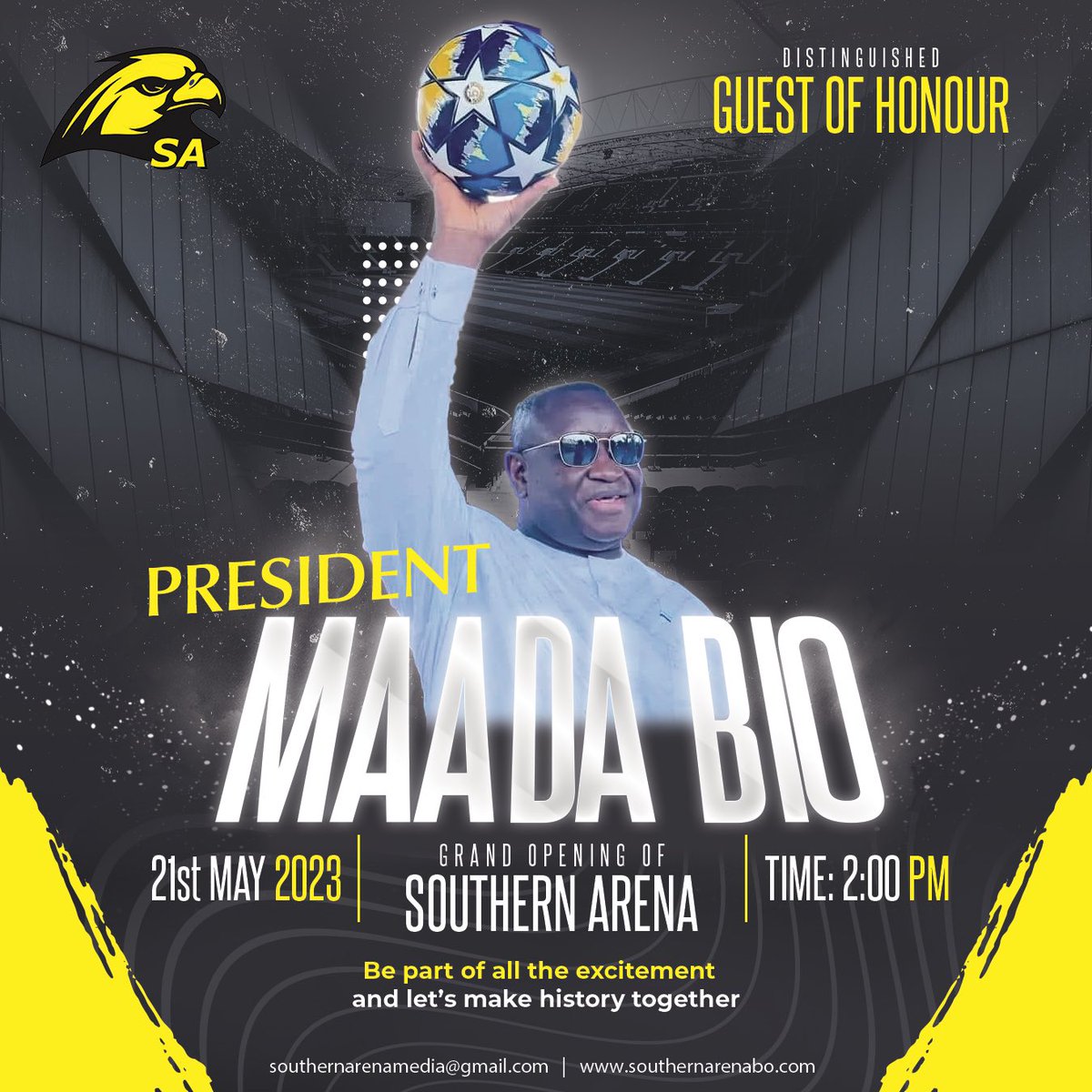 We are delighted to announce to you all that <a href="/PresidentBio/">Barram</a> has consented to be our Guest of Honor in the Grand Opening Ceremony of the <a href="/southernarena/">Southern Arena</a> on Sunday May 21, 2023 in Bo City. 

It’s going to be an occasion of music meeting football to produce maximum entertainment.🙌🏾