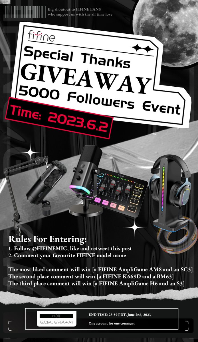 🎉#5KFollowersGiveawayEvent

🩷The ideal duo of FIFINE's audio career and Fans' support leads us to fill this community with raising love and step forward🩵

1⃣Follow, Like&amp;RT
2⃣Comment your favorite FIFINE model name, Top3 liked comments will win FIFINE ideal duos on June 2