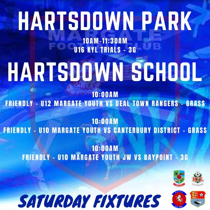Margate_YouthFC's tweet photo. This weekendβs Youth home fixtures are released.
Good luck to our teams playing this weekend.
π Enjoy
π¨ Stay Safe
π Respect
#Grassroots #BestInField https://t.co/RDBykDrnbk