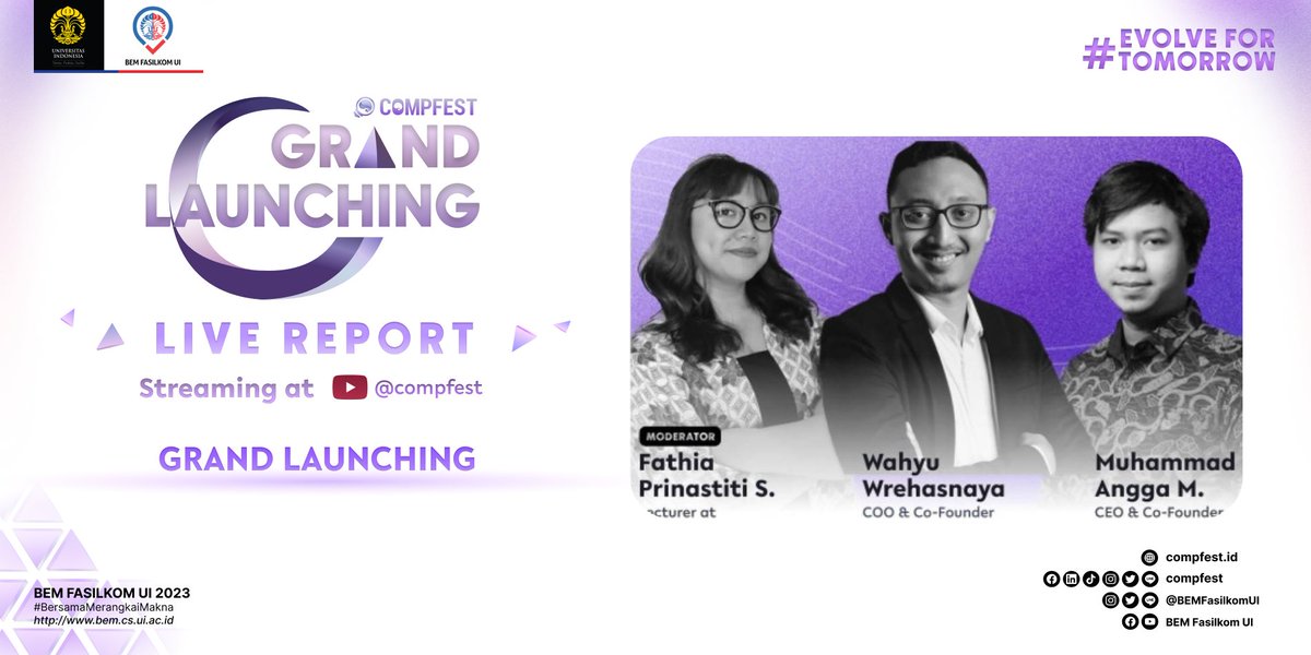 COMPFEST's tweet photo. Selamat siang, TechOvers!
Saat ini sedang dilangsungkan Grand Launching COMPFEST 15. Ikuti keseruannya melalui Instagram dan Twitter kami di,
Instagram: https://t.co/o4gAK6MT6K
Twitter: https://t.co/BXzrBhTvkx
#GrandLaunching
#EvolveForTomorrow
#COMPFEST15 https://t.co/70sv31v34X