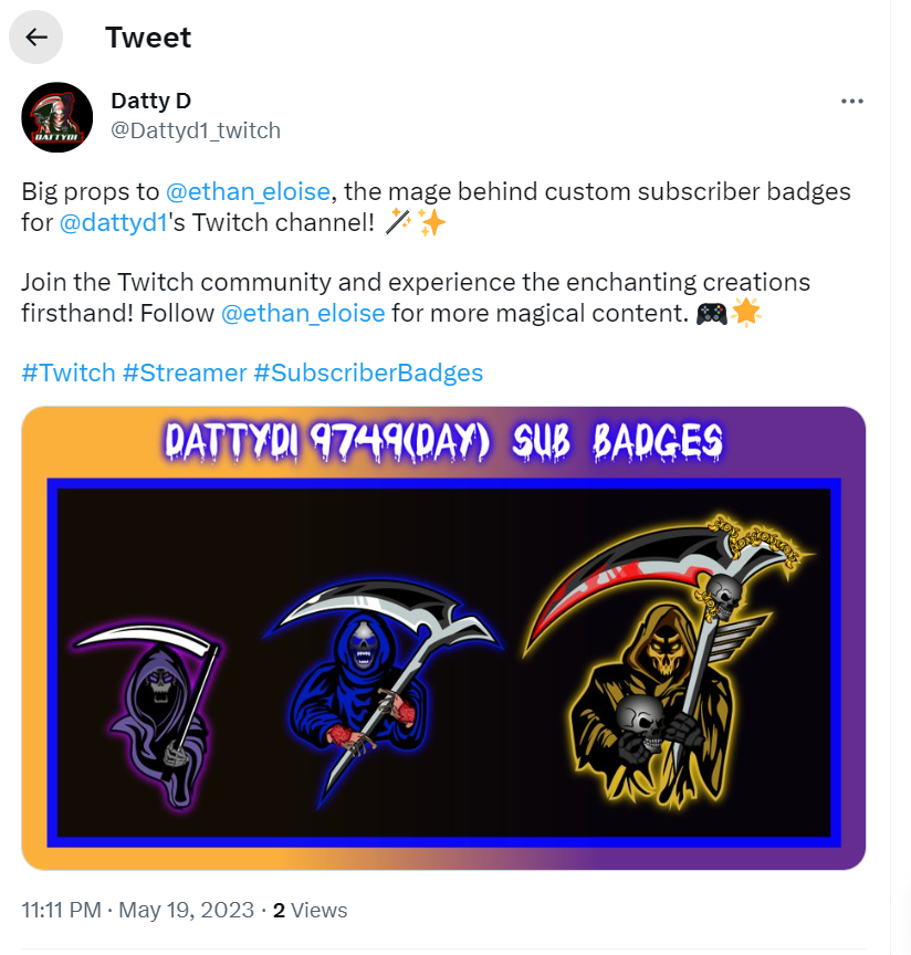 ethan_eloise's tweet photo. Always give clients more than what they expect to get. A great shout-out by @Dattyd1_twitch, Thank you so much mate.💝
#satisfiedclient #twitch #twitchsubbadges #streamer #clientes #KickStreamers #gamers #reaper #gamergirl #Livestreaming #facebookgamer #retweet #followforfollow https://t.co/EyW2NBZHuU