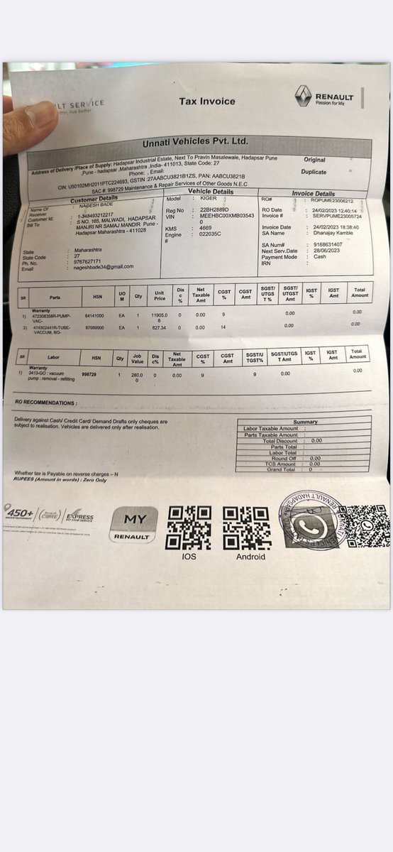 NageshBade71's tweet image. @RenaultIndia I bought my Car on 23oct22. Within 7 months this problem has occurred 3rd time. 
Invoices has been attached for your reference 
Looking forward to your prompt assistance and a resolution
#RenaultIndia #RenaultKiger #ACProblem #NeedAssistance