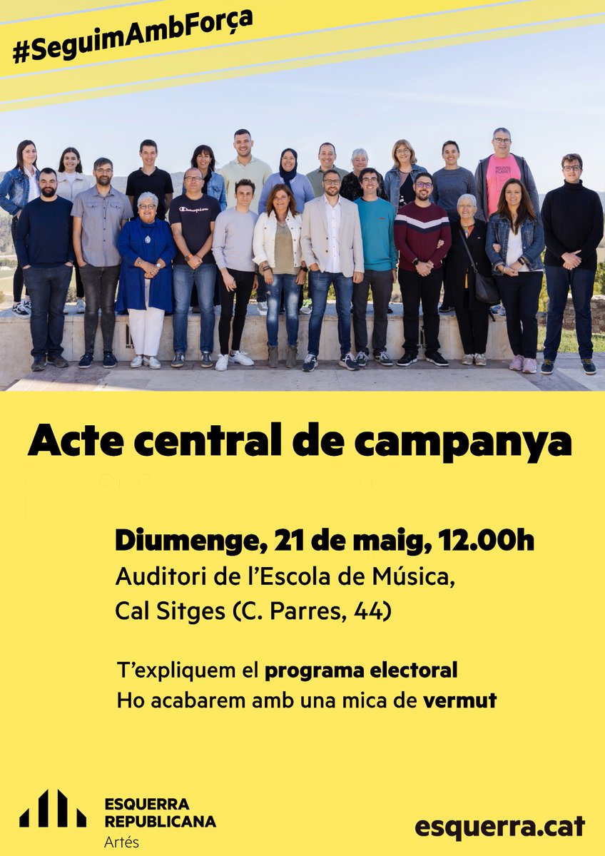 ERCArtes's tweet photo. ACTE CENTRAL DE CAMPANYA!

🗓️ Demà diumenge 
🕛 12.00h
📍 Auditori de l'Escola de Música

🗨️ T'explicarem el nostre programa electoral!

🍷 Farem el vermut

Ens hi acompanyes?

#SeguimAmbForça 
#futurrepublicà https://t.co/MRrqqr6skj