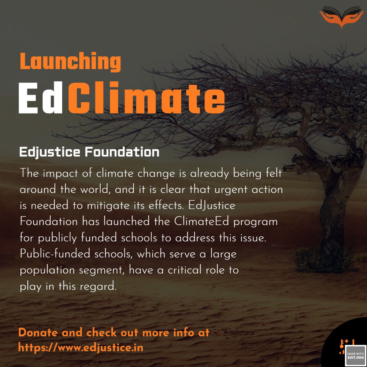 EdJusticeIndia's tweet photo. The impact of climate change is already being felt around the world, and it is clear that urgent action is needed to mitigate its effects. EdJustice Foundation has hence, launched the ClimateEd program for publicly funded schools to address this issue. (1/2) https://t.co/9rVV64fK2l