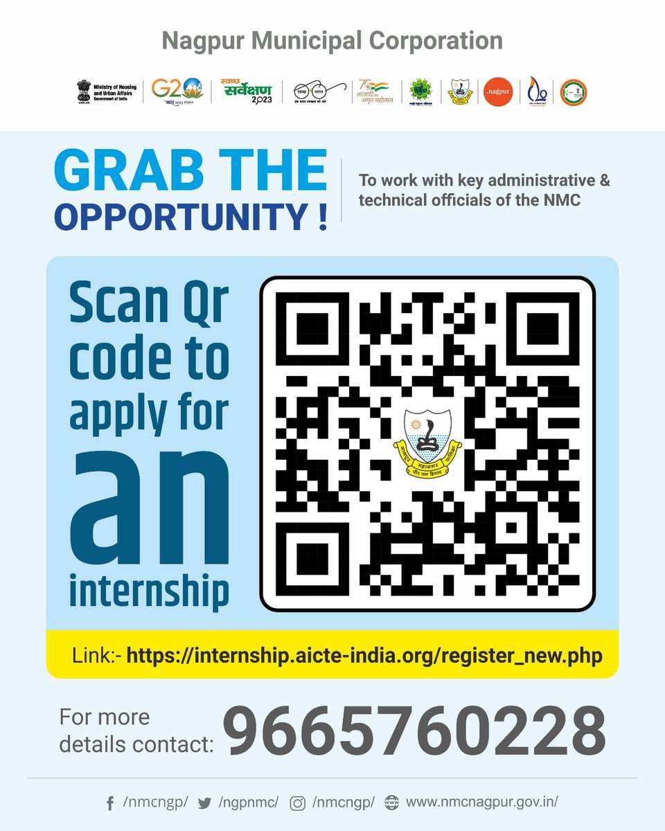 ngpnmc's tweet photo. Grab the opportunity!
To work with key administrative and technical officials of the NMC
https://t.co/7HNMDM5Cu9

#learningbydoing #publicpolicy #internship #nagpur #urbanlearning #Youth4Change #TULIP #urbantransformation #swacchbharat #smartcity #nmc #development #माझीवसुंधरा https://t.co/5sNVNwpJhY
