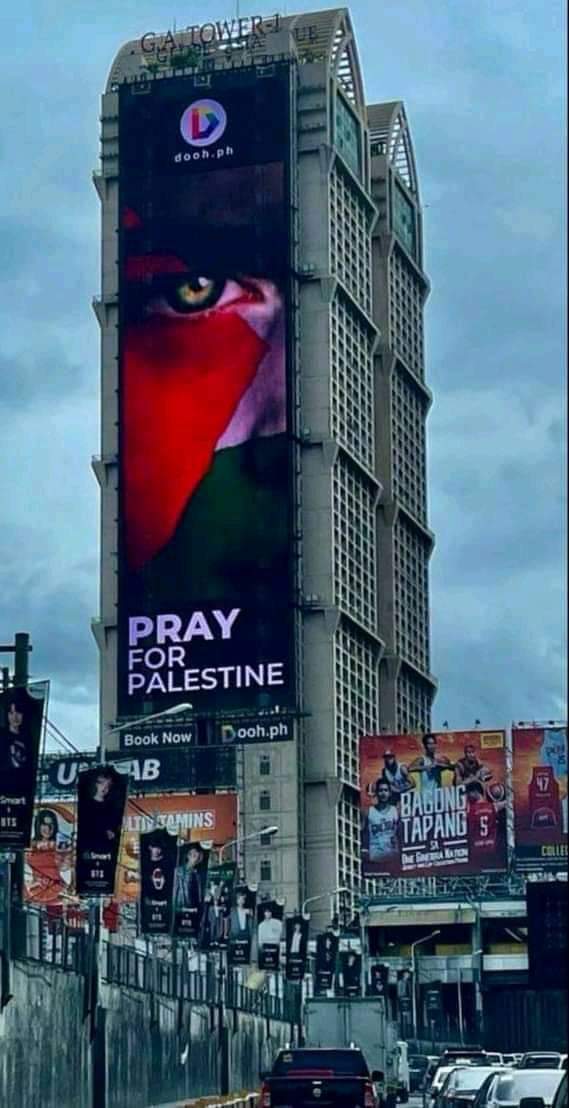 Las Torres Gemelas de Manila hacen un llamado internacional para ayudar a Palestina con los hashtags #SaveGaza #SaveJerusalem #PrayforPalestine. 🇵🇭🇵🇸