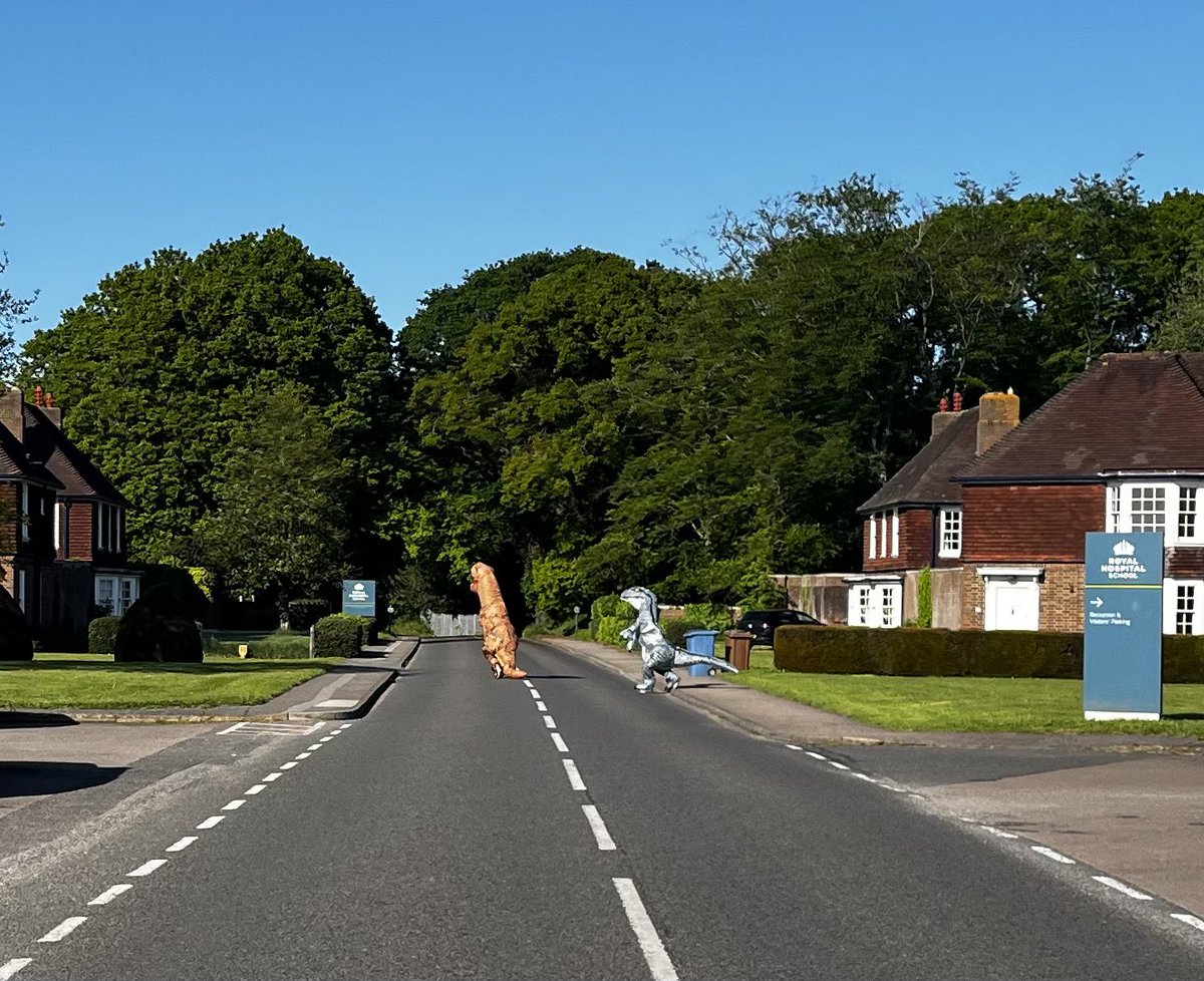 RHS2028's tweet photo. Only at RHS would you be walking home to find two dinosaurs crossing the road. It must be the start of a joke! https://t.co/7p3Vy99ReB