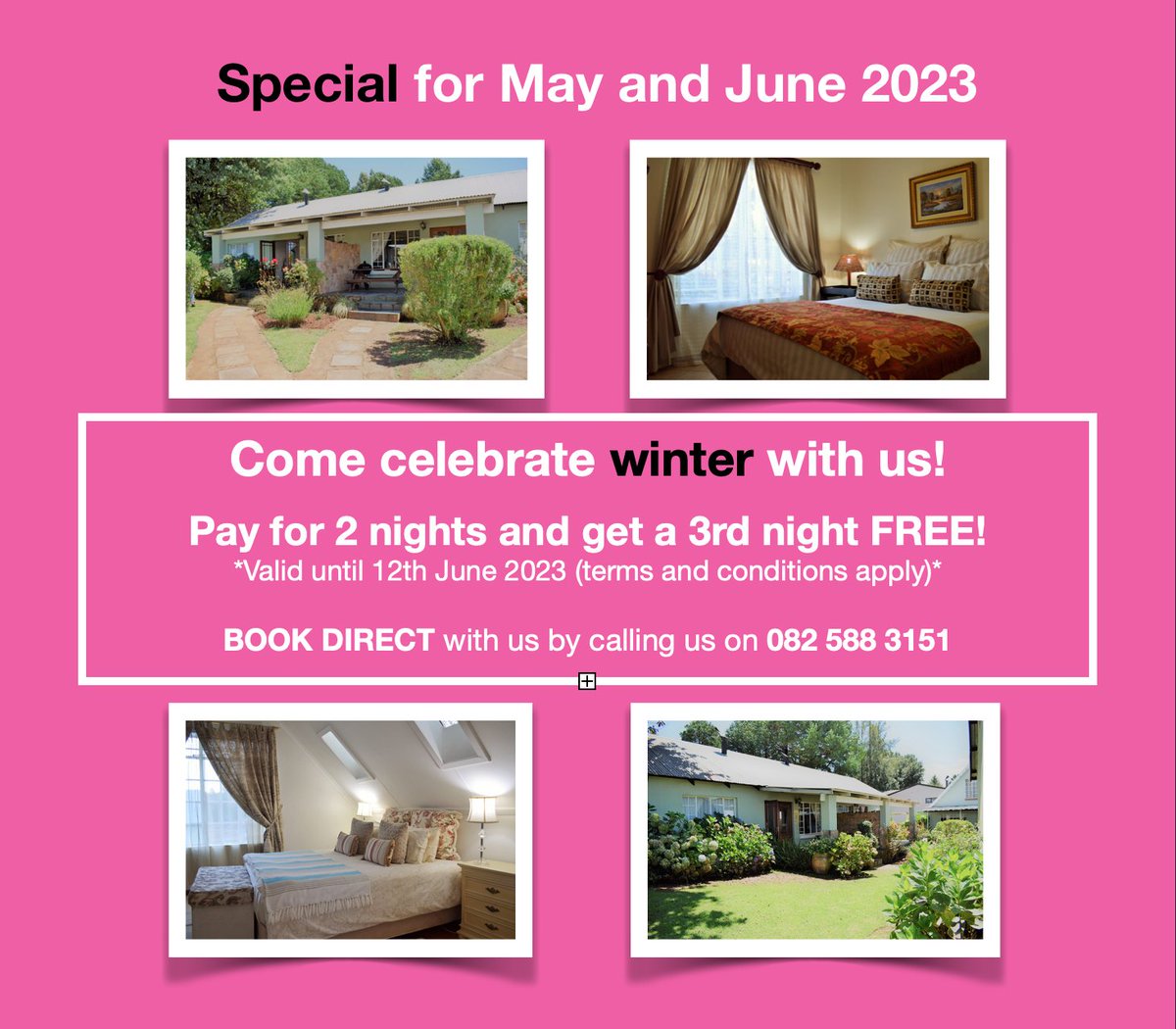 ArtistCottages's tweet photo. Book 3 nights and only pay for 2!
*Terms and conditions apply*

#dullstroom #mpumalanga #SouthAfrica #travel #roadtripsouthafrica #dullstroomartistcottages https://t.co/UjwDFUUvtP