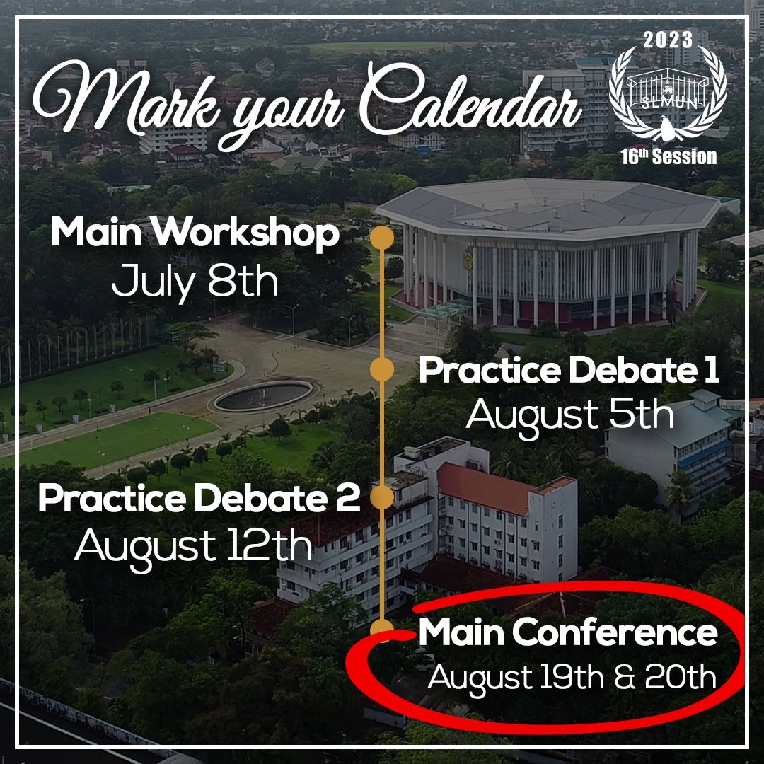 slmun2025's tweet photo. Mark your calendars delegates! These are the dates of the Workshop, Practice Debates, and the Conference itself of the 16th Session of Sri Lanka Model United Nations!
#slmun https://t.co/g2Gb7VRr5o