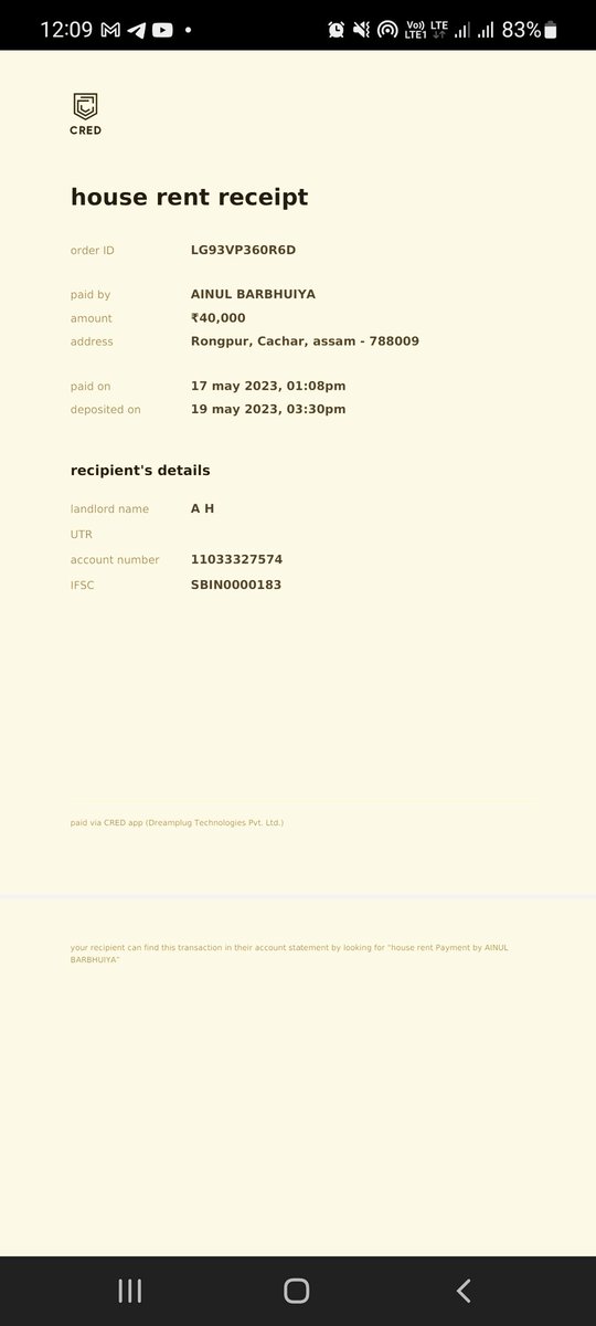 Ainul47's tweet photo. @CRED_club Dear sir my rent payment is not credited to land lord account but cred app showing payment credited to bank. Pls resolve my case.order is attached here https://t.co/jQqhVFNHpN