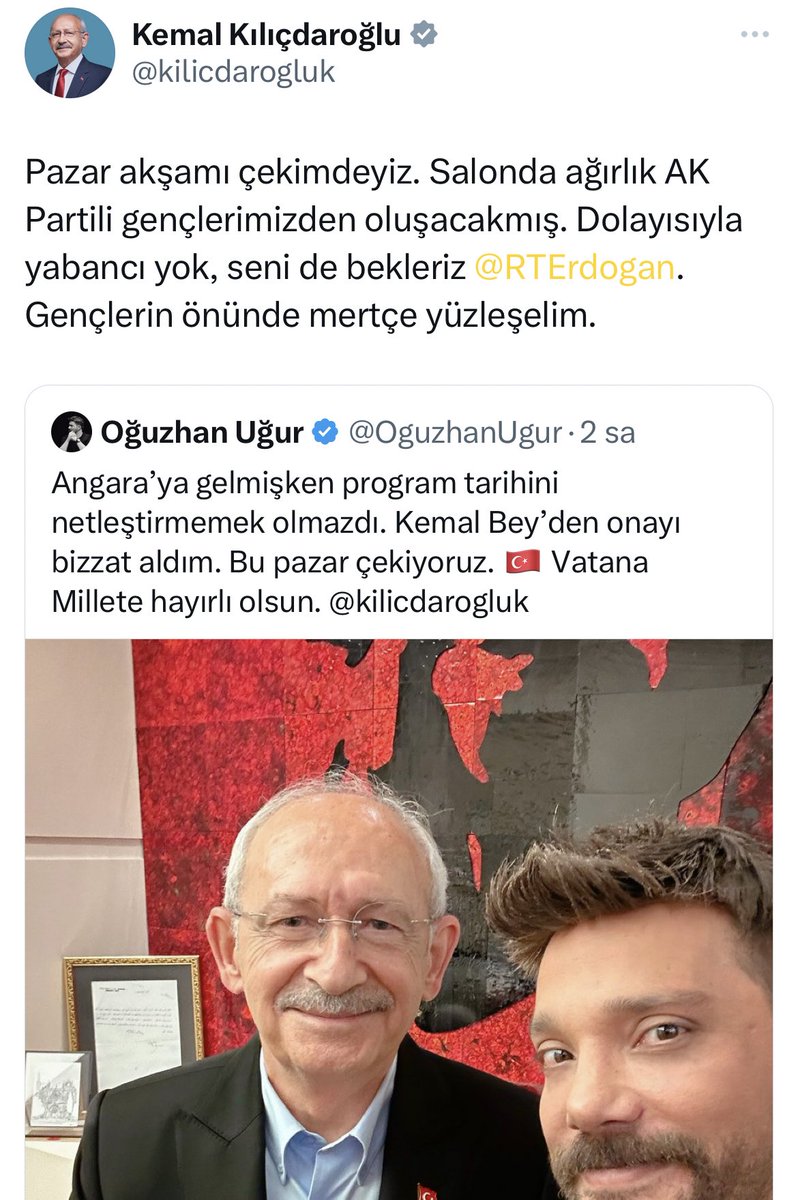 Kılıçdaroğlu: (Erdoğan'ı Açık Mikrofon'a davet etti)

Pazar akşamı çekimdeyiz. Salonda ağırlık AKP'li gençlerimizden oluşacakmış. Dolayısıyla yabancı yok, seni de bekleriz.

Gençlerin önünde mertçe yüzleşelim.
