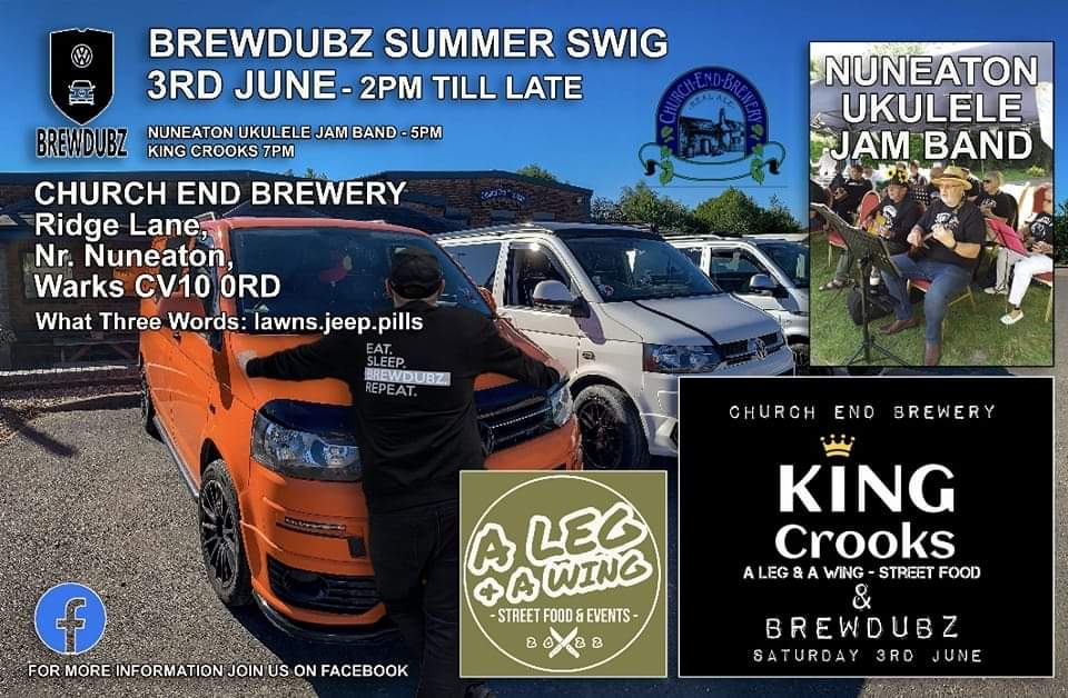 #brudubz #beergarden #vwmeet #pubstopover #cider #realalepub #streetfood #alegandawing #kingcrooks #marqueeevents #livemusic #musicians #nuneaton  #nuneatonukulelejamband #churchendbrewery #RealAleFinder #brewerytaproom #savethedate 
Gunna be a good one