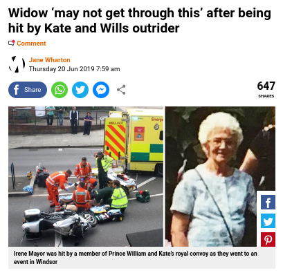 nomoremonarchs's tweet image. Catastrophic
Two elderly women have been mown down by 'royal' motorcades recently. Sophie's victim is still in hospital. No update was given on William &amp;amp; Kate's 2019 victim. The media haven't investigated either incident.
#SophieSmash #AbuseOfPower #royalvalues #invisiblecontract