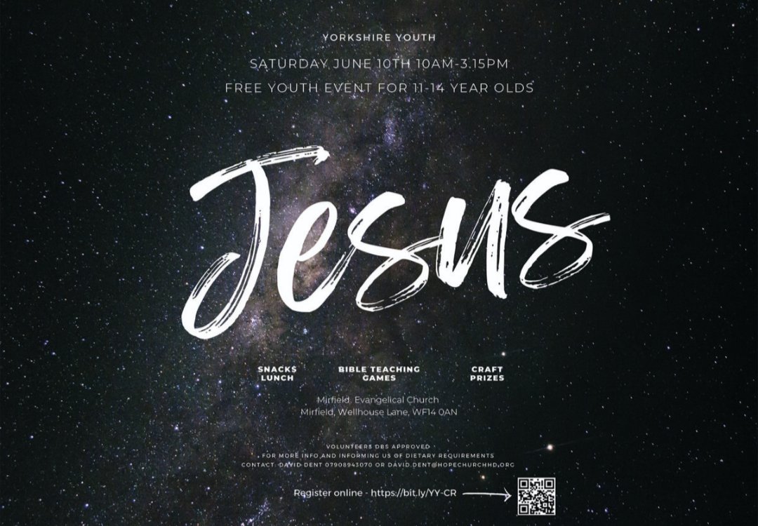 Yorkshire Youth is meeting on Saturday 10th June, 10am-3.15pm. A great opportunity for 11-14 year olds to have fun, snacks, Bible teaching and games. Please book a place soon if your child would like to attend! 
#yorkshireyouth #hopechurchhd #hopechurchhuddersfield