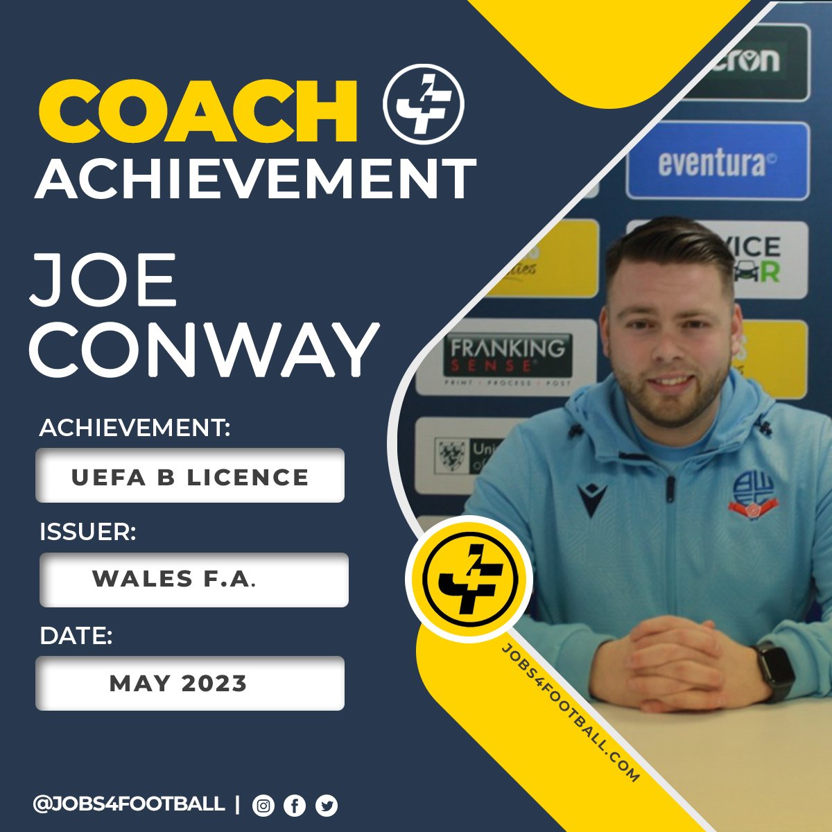 Jobs4football's tweet photo. Coach Achievement 🎉
Congratulations to Joe Conway who has achieved his UEFA B licence via Wales FA.
#jobs4football #J4Fcommunity #coachprofile #UEFA #walesfa @JoeCCoaching https://t.co/lSm2asEFqV