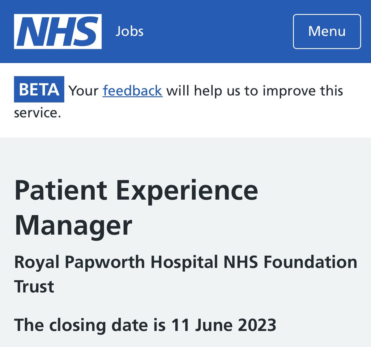 Looking for our New Patient Experience Manager -Band 7 <a href="/RoyalPapworth/">Royal Papworth Hospital NHS FT 💙</a> -please share 🙏👍

beta.jobs.nhs.uk/candidate/joba…