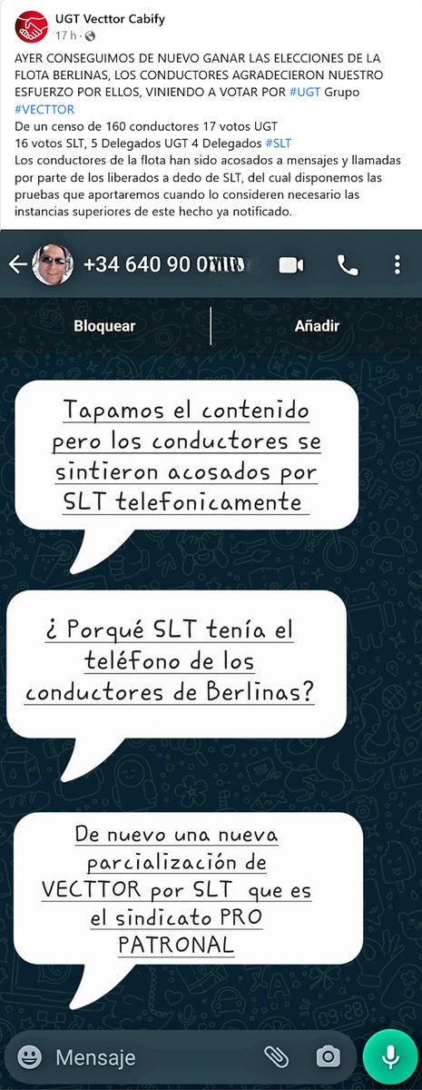 EnLuchaVTC's tweet photo. «Durante las elecciones sindicales de este viernes en Berlinas Tibur (#Vecttor - #Cabify) liberados del sindicato propatronal #SLT acosaron y coaccionaron a los trabajadores para influir en sus votos»
☛ #SLT fue introducida por #Parrondo en las #VTC. Fieles, siguen sus pasos. https://t.co/5qN1C5XHui