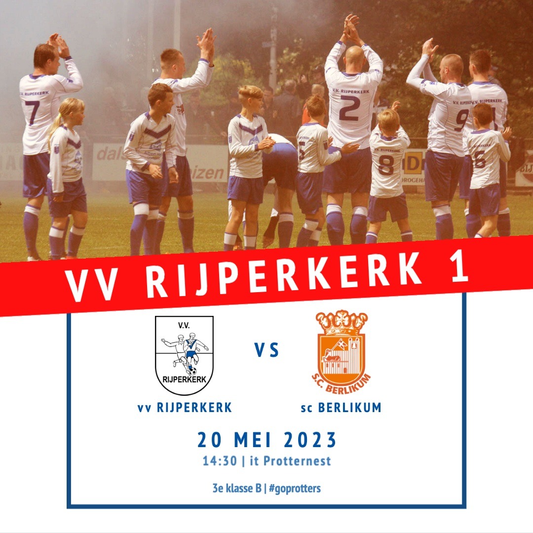 VVRijperkerk's tweet photo. DE LAATSTE THUISWEDSTRIJD

Vandaag speelt het eerste de laatste thuiswedstrijd van het seizoen. Weliswaar tegen de nummer 1, SC Berlikum... 
Het zal een prachtige wedstrijd worden, met veel publiek! Kom dus op tijd, en het liefst met de fiets 🚲

Na afloop seizoensafsluiting 🍻🎈 https://t.co/TWNbtNFvwp