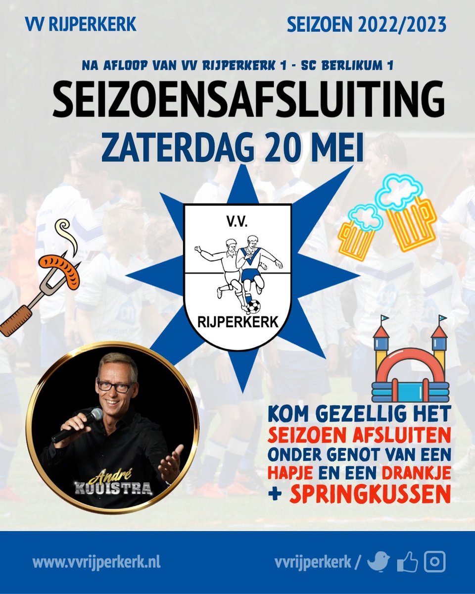 VVRijperkerk's tweet photo. DE LAATSTE THUISWEDSTRIJD

Vandaag speelt het eerste de laatste thuiswedstrijd van het seizoen. Weliswaar tegen de nummer 1, SC Berlikum... 
Het zal een prachtige wedstrijd worden, met veel publiek! Kom dus op tijd, en het liefst met de fiets 🚲

Na afloop seizoensafsluiting 🍻🎈 https://t.co/TWNbtNFvwp