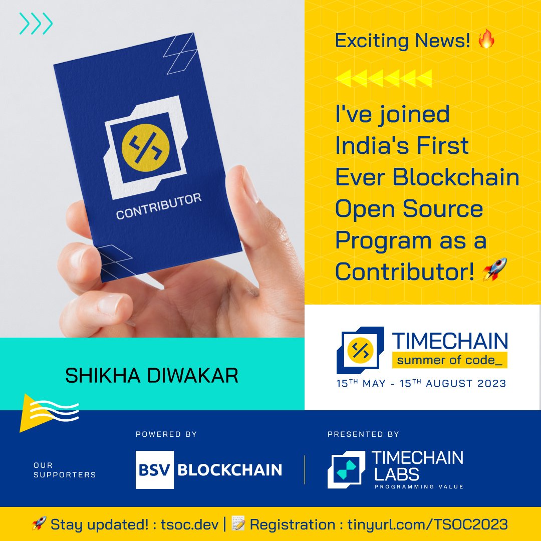 ShikhaDiwakarr's tweet photo. ๐ I've just been selected for #TimeChainSummerOfCode! ๐โจ Can't wait to dive into coding and contribute to the future of blockchain! ๐๐ป
thanks @timechainlabs for the opportunity ๐ค#CodingCommunity #BlockchainDevelopment #OpenSource ๐ช๐ฅ https://t.co/eu4HxwvouD