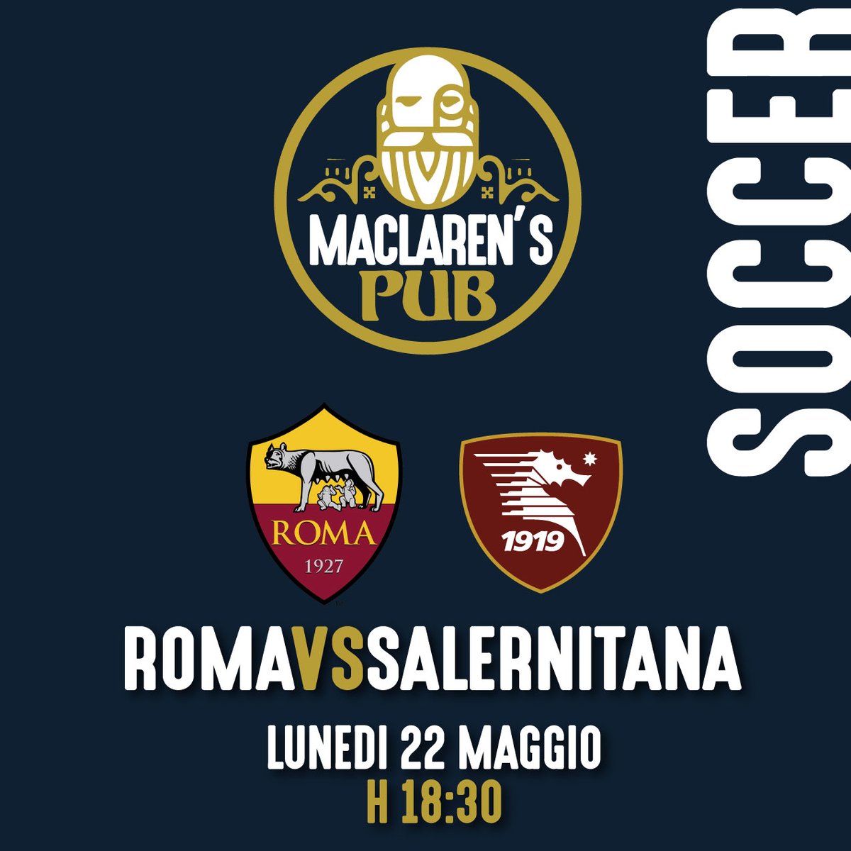 Serata GRANATA!⚽
22 MAGGIO 2023 alle ore 18:30

Vieni a tifare SALERNITANA 🇱🇻 al MacLaren’s Pub!

📲 Prenota tramite il nostro sito maclarenspub.it

#maclarenspub #salerno #birreria #birra #pub #steakhouse #budvarbudweiser #salernitana #SerieA