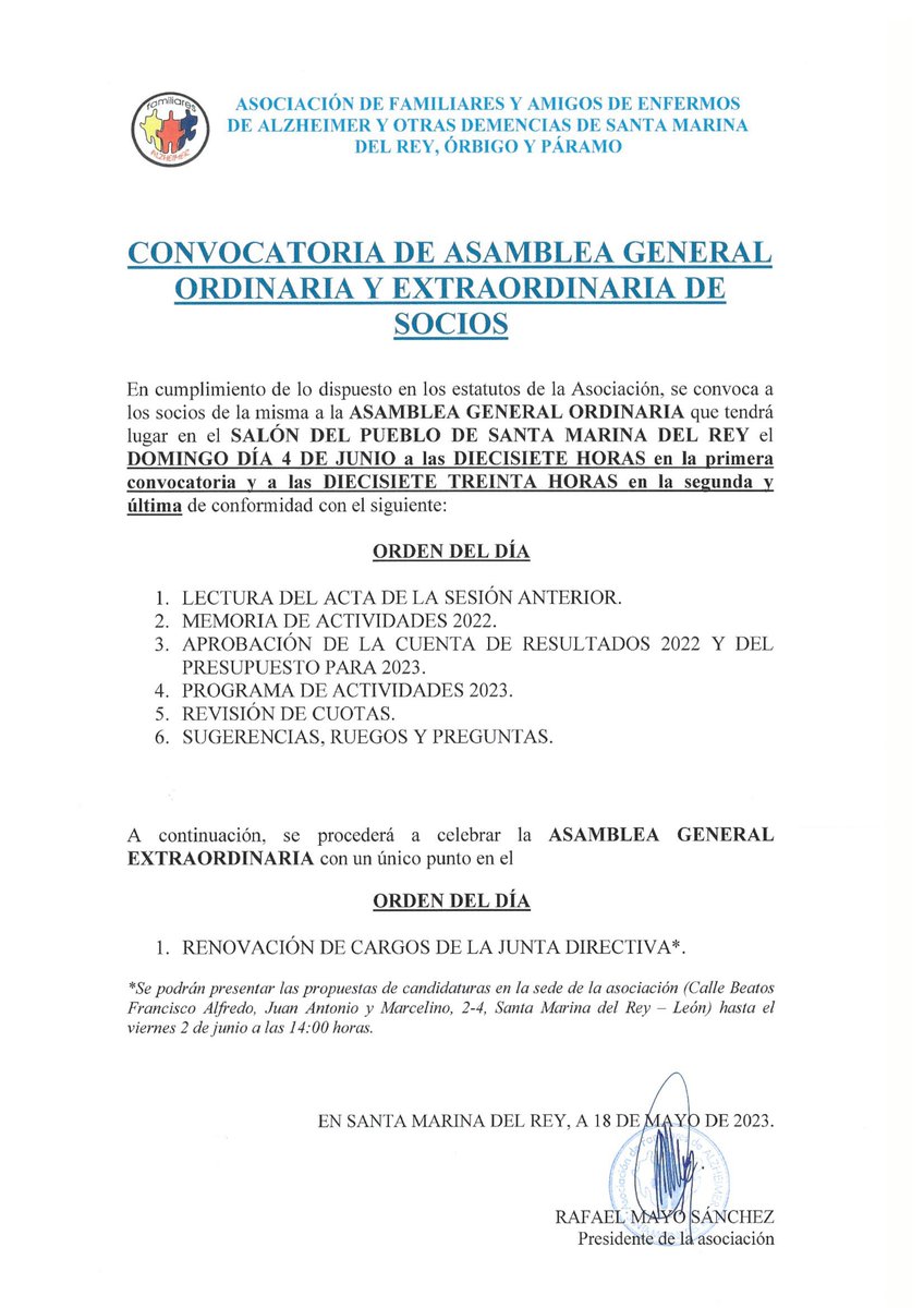 AFASantaMarina's tweet photo. CONVOCATORIA ASAMBLEA SOCIOS 2023
DÍA: 04/06/23
HORA: 17:00 1ª CONVOCATORIA, 17:30 2ª (Y ÚLTIMA) CONVOCATORIA.
LUGAR: SALÓN DEL PUEBLO DE SANTA MARINA DEL REY https://t.co/5Ww6ghIxlD
