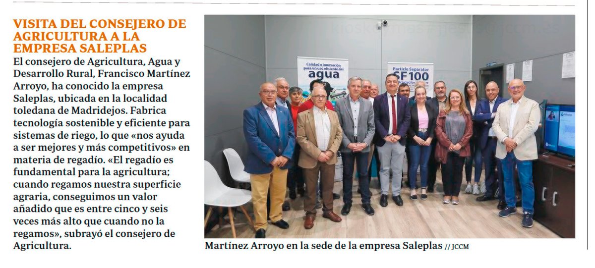 Buenos días, <a href="/ABC_Toledo/">ABC Toledo</a> recoge la visita del consejero <a href="/fmartinezarroyo/">Francisco Martínez Arroyo</a> a <a href="/Saleplas/">Saleplas S.L.</a>, empresa puntera de fabricación de materiales para regadío ubicada en Madridejos.