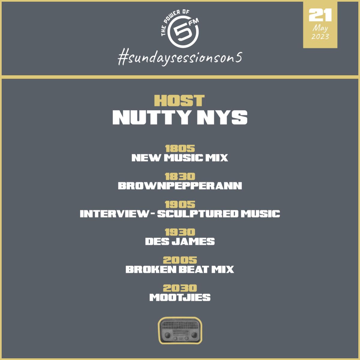 This week on the Sunday Session - <a href="/5FM/">5FM</a> 

@BrownPeperAnn
<a href="/DesJames_Mohapi/">Desmond Mohapi</a>
<a href="/mootjies_/">Mootjies</a> 

Plus music from:

<a href="/RamsAndy9/">Ramsteque SA</a>  &amp; <a href="/TimAdeep/">ＴＩＭ_ＮＯVΞＭ_KUＢＨΞKΛ</a>  | <a href="/mattfreerange/">Matt Masters</a>  &amp; <a href="/fredeverything/">Fred Everything</a> | <a href="/UnottyDj/">@Dj Unotty</a> | <a href="/CharmeleonChina/">China Charmeleon</a> &amp; AndileAndy SA &amp; <a href="/ROCCORODAMAAL/">ROCCO RODAMAAL</a>  

#sundaysessionson5