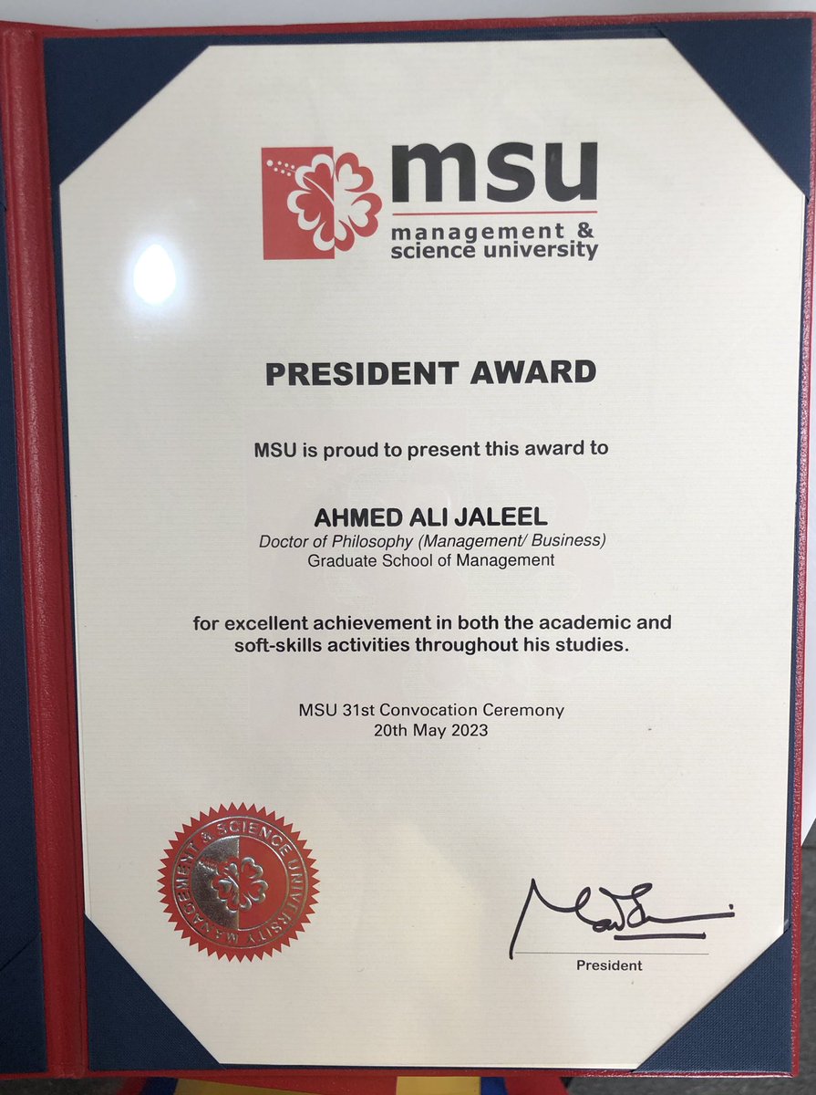 Praise be to Allah Almighty. Making Maldives 🇲🇻, @MNUedu and @Dhiraagu proud again.  Today, I am a recipient of the prestigious President Award during PhD convocation at @MSUmalaysia , A Success of MNU-MSU affiliated PhD programs. Sincere gratitude to @MohdShukriYajid & MSU team.