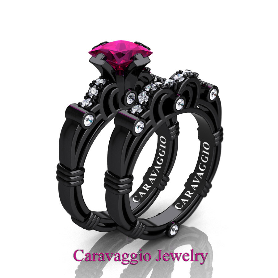 Hot 🫦 caravaggiojewelry.com/?p=406662 Art Masters Caravaggio 14K Black Gold 1.25 Ct Princess #Raspberry Red #Garnet #Diamond Engagement Ring Wedding Band Set R623PS-14KBGDG at Caravaggio™ Jewelry