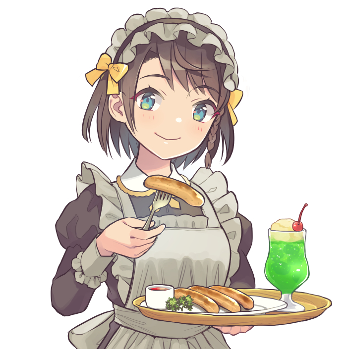 oozora subaru 1girl solo alternate costume short hair swept bangs maid food  illustration images