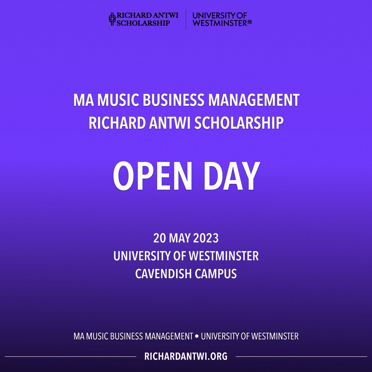 Join us TODAY to hear more about the Richard Antwi Scholarship &amp; Music Business Management MA course at The University of Westminster.

Time: 12:00-15:00
Location: University of Westminster, New Cavendish Street 

No sign-up or registration needed! 

richardantwi.org