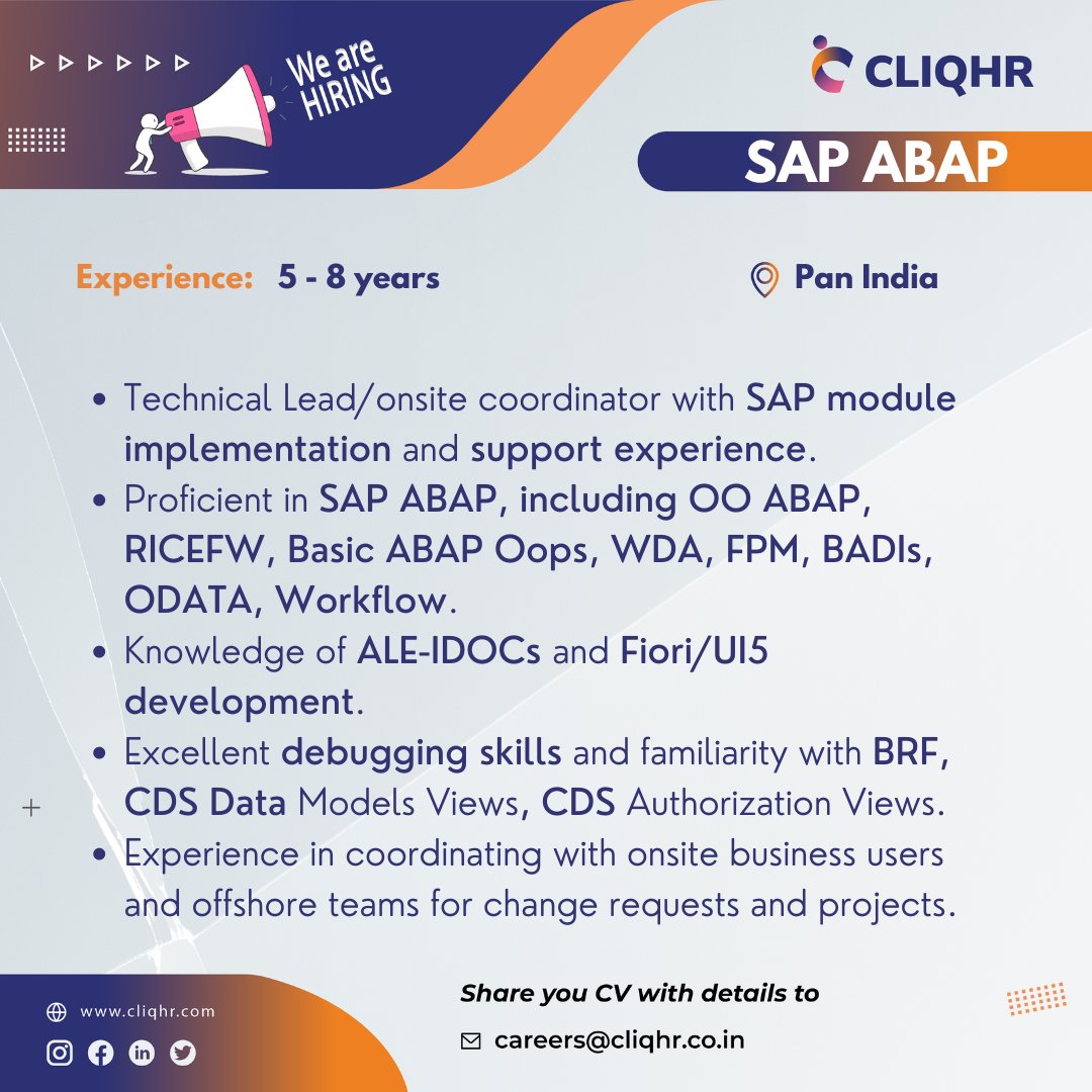 5 openings for SAP ABAP

Job Description: jobs.cliqhr.com/jobs/careers/2…

Location: Pan India – Hybrid Mode

#sapjobs #sapjobsindia #sapconsultant #itjobopening #jobhunt #itjobhunt #jobopenings #jobhiring #jobalert #hiringnow #hiringimmediately #hiring #hiringalert #cliqhr