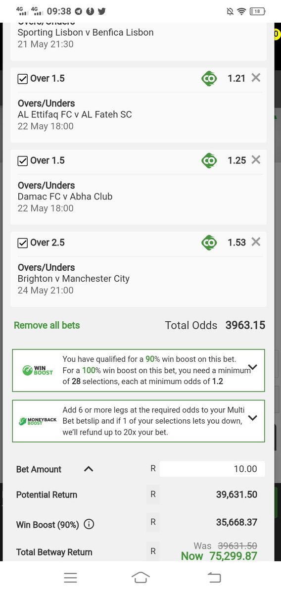 3963 odds 

I WILL FOLLOW EVERYONE WHO RETWEETS

I will edit this ticket and share with my VIP GROUP with the best tickets I cooked. It's ONLY R100 ONCEOFF to join my VIP Group. DM me if you wanna join my VIP Group. 

Code: X4E28CE27 betway.co.za/bookabet/X4E28…