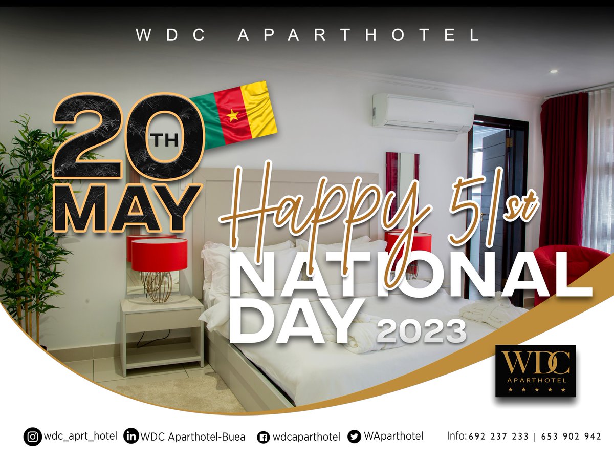 Today May 20th, WDC Aparthotel joins the rest of the nation to commemorate a day of national unity as we all look forward to a brighter future filled with prosperity and progress.

Happy 51st National Day!!!

WDC Aparthotel, Buea. 
'Feel at home away from home'