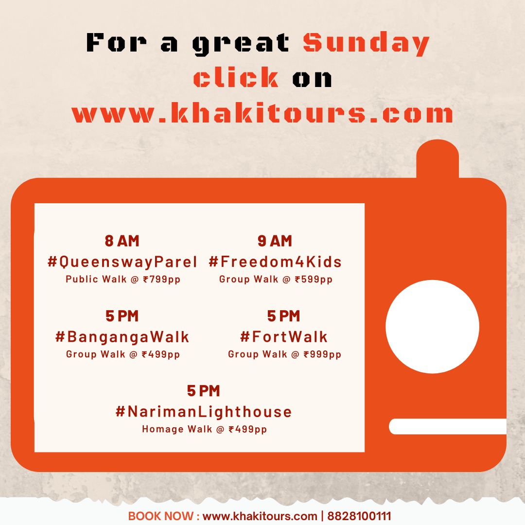 5️⃣ ways to have a fun Sunday with Khaki!

#QueenswayParel - Sun, 21st May, 8 AM
#Freedom4Kids - Sun, 21st May, 9 AM
#BangangaWalk - Sun, 21st May, 5 PM
#FortWalk - Sun, 21st May, 5 PM
#NarimanLighthouse - Sun, 21st May, 5 PM

📍Book now at: linktr.ee/khaki.tours

#ExploreMumbai…