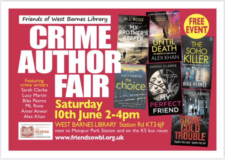 As it’s Crime Reading Month in June, it’s the perfect time to launch Murder In Merton: Crime writing events! 
Sat 10th Jun 2-4pm at West Barnes Library - meet <a href="/SCWwriter/">Sarah Clarke #TheNightSheDies</a> <a href="/lucymartinbooks/">Lucy Martin</a> <a href="/BibaPearce/">Biba P</a> <a href="/alexkhanauthor/">Alex Khan</a> <a href="/ameranwar/">Amer Anwar 💙</a> ML Rose. Free event. <a href="/The_CWA/">The Crime Writers’ Association</a>