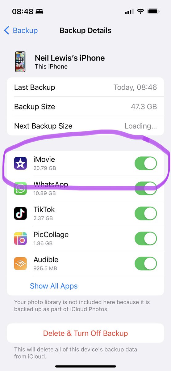 Flyguynw's tweet photo. @Apple please tell me why when iMovie is taking up 2GB space on my phone is it taking up 20GB of space on my iCloud? Scamming me into paying for more Data…? https://t.co/dlkqXA1bYQ