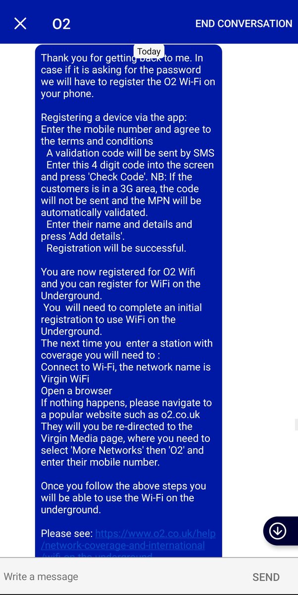 PatrickTsui_UK's tweet photo. @O2 this is from the support chat just now via the My O2 app. They are asking me to connect via the Virgin Media hotspot Underground which has been switched off https://t.co/nallOTUDcW