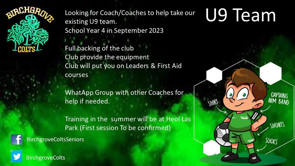 We are looking for a coach or coaches to help out our existing U9 team. 

School Year 4 in September

Anybody interested please contact the club social media pages or Ben Davies on 07864317644

<a href="/AllWalesSport/">All Wales Sport</a> <a href="/BGrovePrimary/">Birchgrove Swansea</a> <a href="/birchgrovecomp/">birchgrovecomp</a> <a href="/BRFC_Junior/">Birchgrove RFC Minis & Juniors</a>