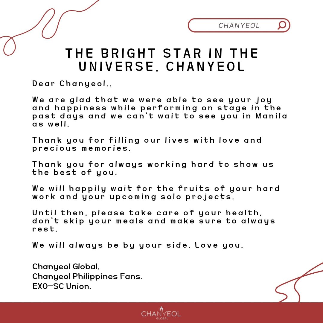 𝐄𝐗𝐎-𝐒𝐂 ‘𝐁𝐀𝐂𝐊 𝐓𝐎 𝐁𝐀𝐂𝐊’ 𝐅𝐀𝐍𝐂𝐎𝐍 𝐈𝐍 𝐌𝐀𝐍𝐈𝐋𝐀🇵🇭
✨CHANYEOL SUPPORT✨
ChanyeolGlobal x @EXOSCUNION x @ChanyeolPH1127

For #CHANYEOL:

❤️ Zzar Themed Bouquet with Message 'The brightest star in the Universe, Chanyeol'
❤️ Letter

#EXOSC_BacktoBack #EXOSCinMNL