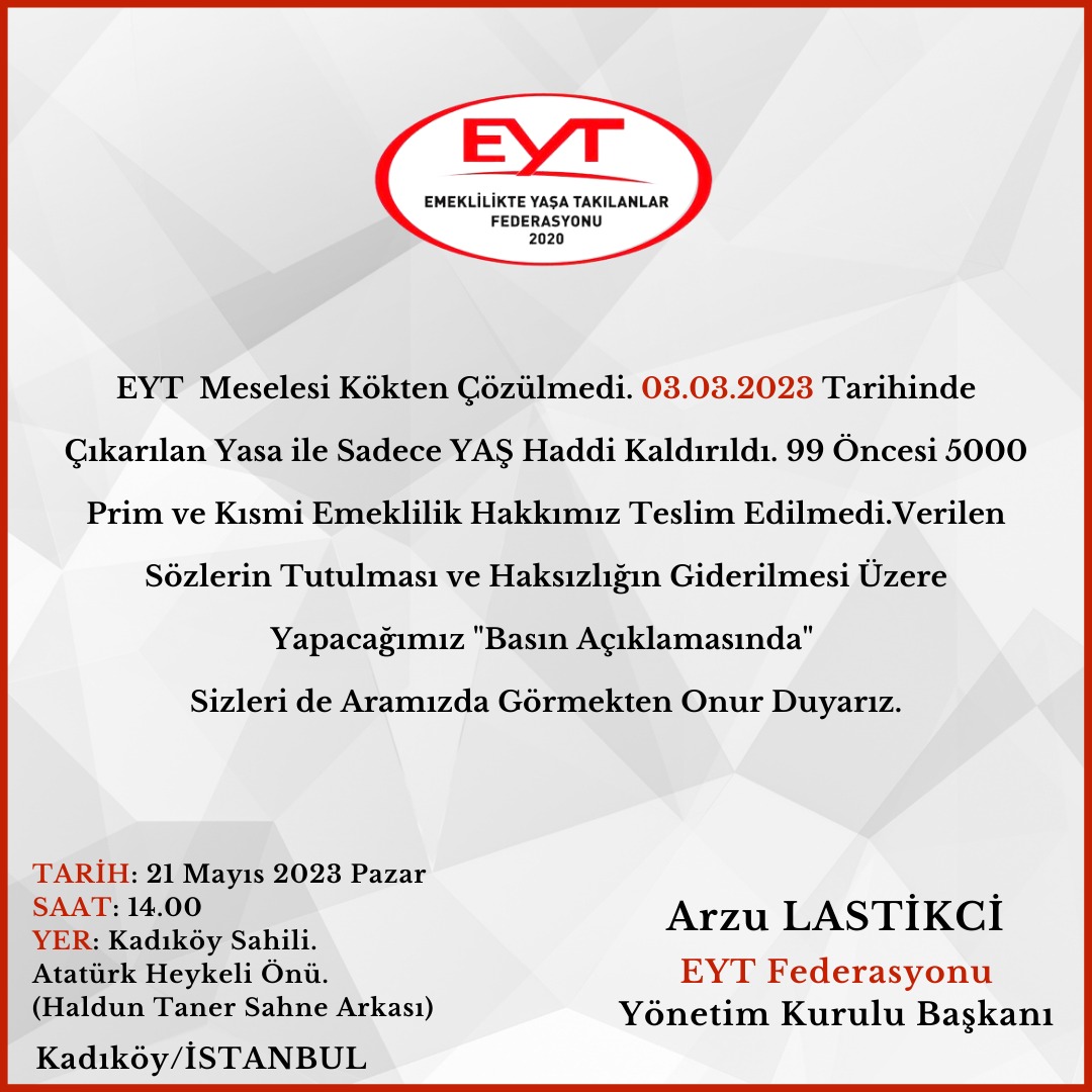 ArzuLastikci's tweet photo. TAGIMIZ
👇👇
#5BinVeKısmiKadıköyde 

Yarım kalan haklarımız için,
Geleceğimiz için,
Meydanlara İniyoruz. 

21 Mayıs Pazar Günü 
Saat 14.00 de

5000 Prim ve Kısmi Emeklilik Mağdurlarıyla Birlikte,
KADIKÖY deyiz. 

HAKKIN İÇİN SENDE ORADA OL 

BİRİMİZ HEPİMİZ,
HEPİMİZ BİRİMİZ İÇİN. https://t.co/2fpS90AWkv