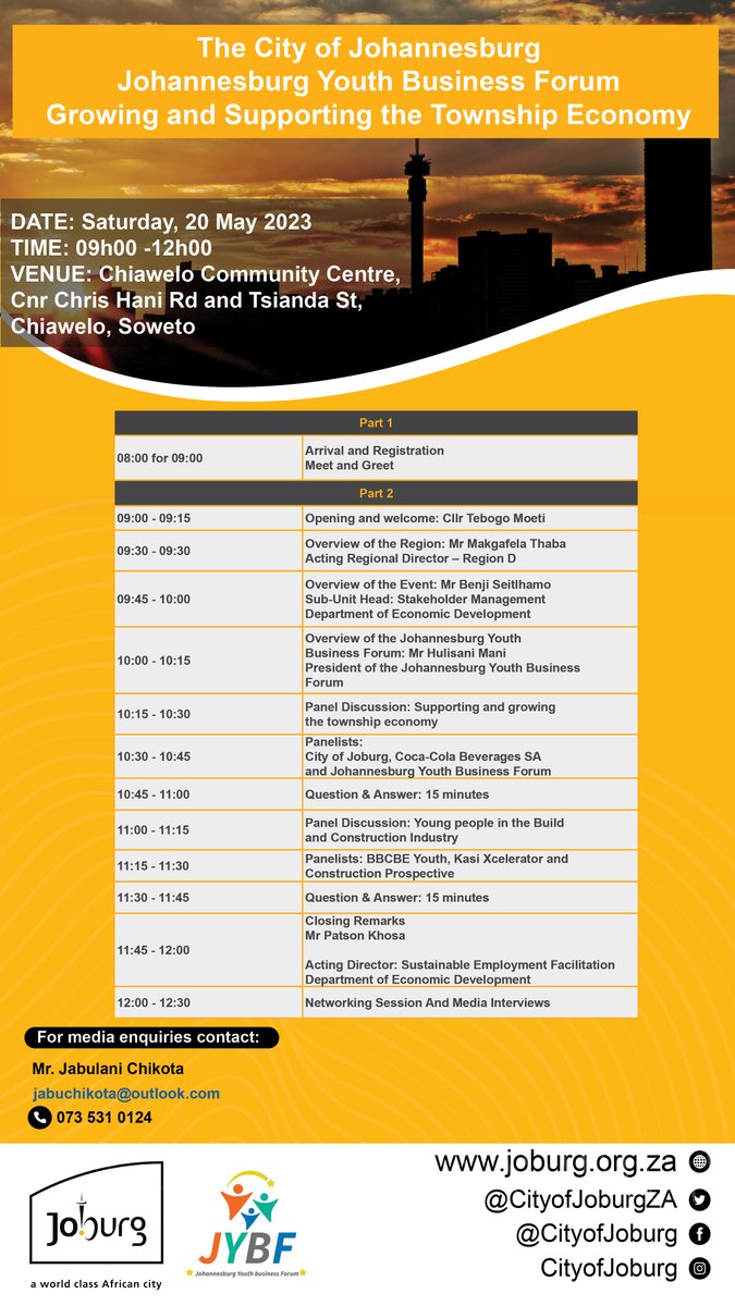 CityofJoburgZA's tweet photo. Good day, Jozi! We are currently in Chiawala, Soweto, for the Johannesburg Youth Business Forum. This event organised by the Department of Economic Development, specifically for the youth in the area.
#YouthBusinessForum #JoburgEnterprises #KnowYourJoburg #JYBF ^LM https://t.co/JUlUi3aLre