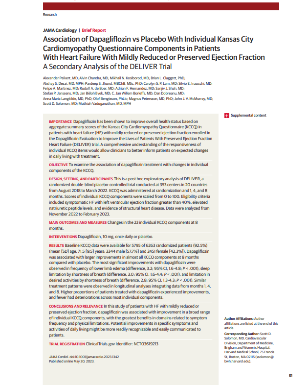 This analysis examined the effect of #dapagliflozin on the 23 individual components of the #KCCQ in #DELIVER. ja.ma/3Wmz13i @PeikertA @AlvinChandraMD @mvaduganathan @scottdsolomon #HeartFailure2023