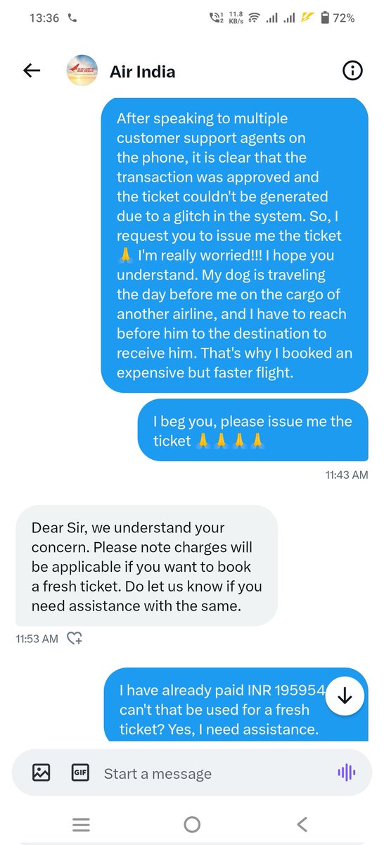 ashfaque_h's tweet photo. @airindia Guys! My dog will be alone and there will be no one to take care of him there. I'm done waiting... I need the ticket or a refund within 30 mins. Or I'm going to report you to consumer forum. I can only book new ticket if I get refund. @jagograhakjago @ConsumerReports @RNTata2000 https://t.co/s2tVJ66rEa