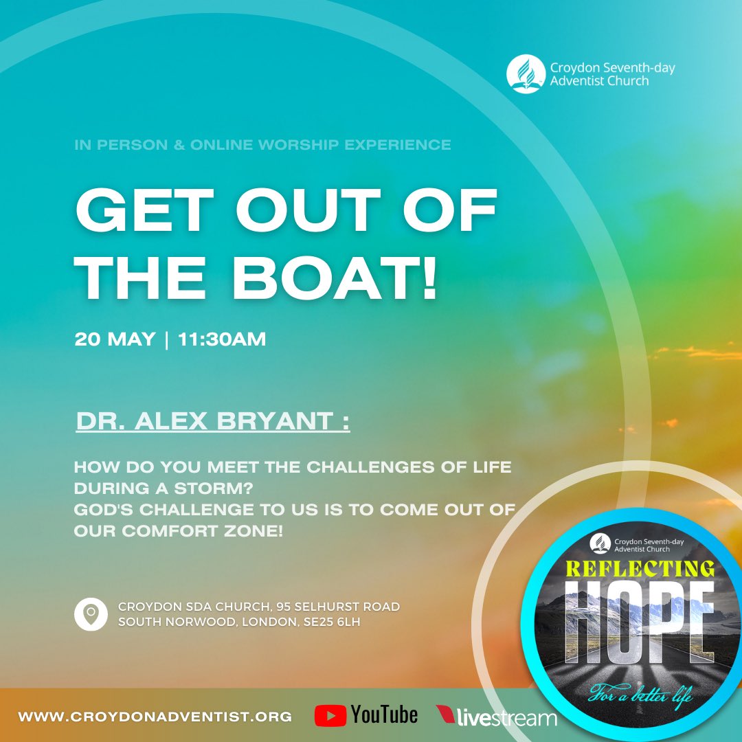 croydonsda's tweet photo. Join us online or in person tonight at 7:30pm (BST) for our sermon entitled ‘
Get out of the boat!’ By Pastor Alex Bryant. Come and be blessed. See our full programme at: https://t.co/V19113k9eW
#croydonsda #reflectGod #hope #sabbath #liveworship #sabbathworship https://t.co/HmDtMebotL