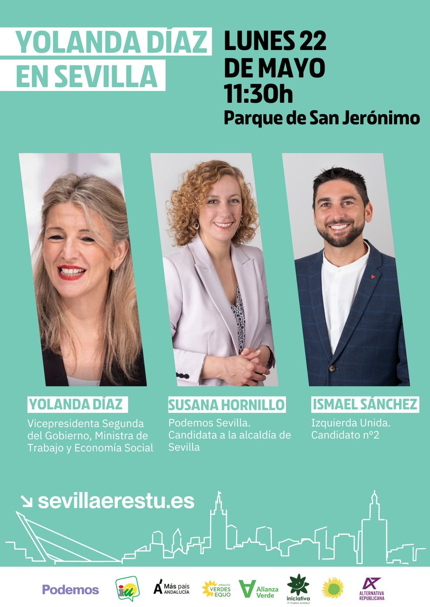 iusevilla's tweet photo. 👀 Como sabéis.. ¡@Yolanda_Diaz_ viene a Sevilla! 

Hay un pequeño cambio en la localización del acto👇🏻

➡️El próximo lunes 22. A las 11.30h en el Parque de San Jerónimo 

🫂 Junto a los candidatos de la coalición progresista que viene a transformar Sevilla. Porque #SevillaEresTú https://t.co/C6kKXWRU8w