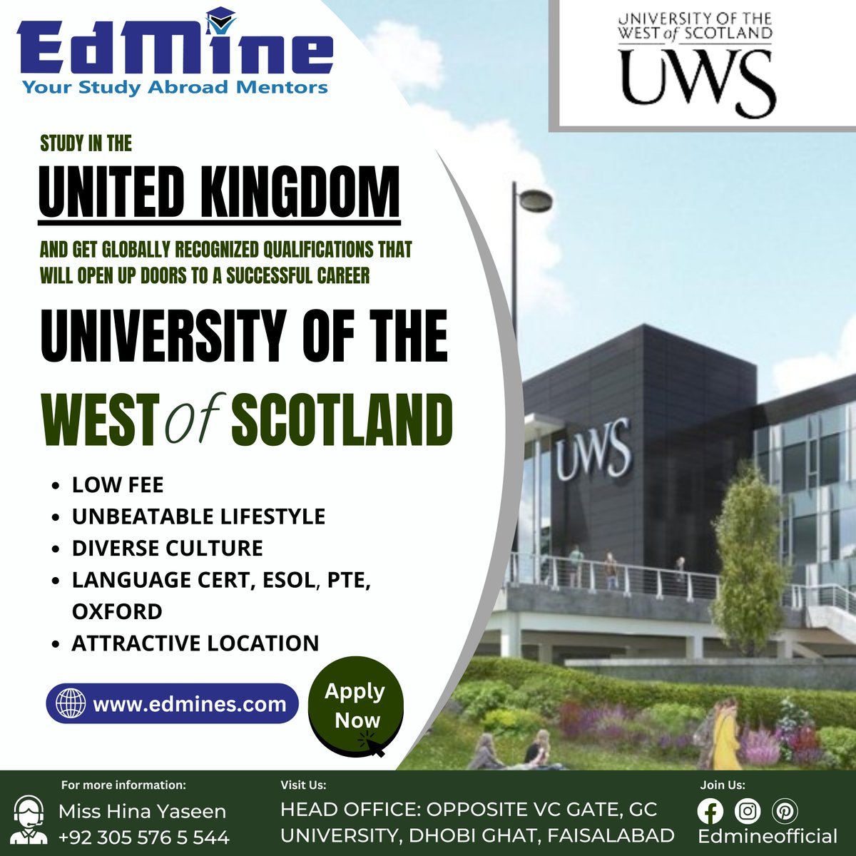 Contact us today!
contact us: +92 305 576 5 544
Head Office: Opposite VC Gate, GC University, Dhobi Ghat, Faisalabad
#StudyAbroad
#UWS
#StudyInScotland
#InternationalEducation
#GlobalOpportunities
#HigherEducation
#StudyAbroadGoals
#StudyAbroadConsultant
#ApplicationDeadline